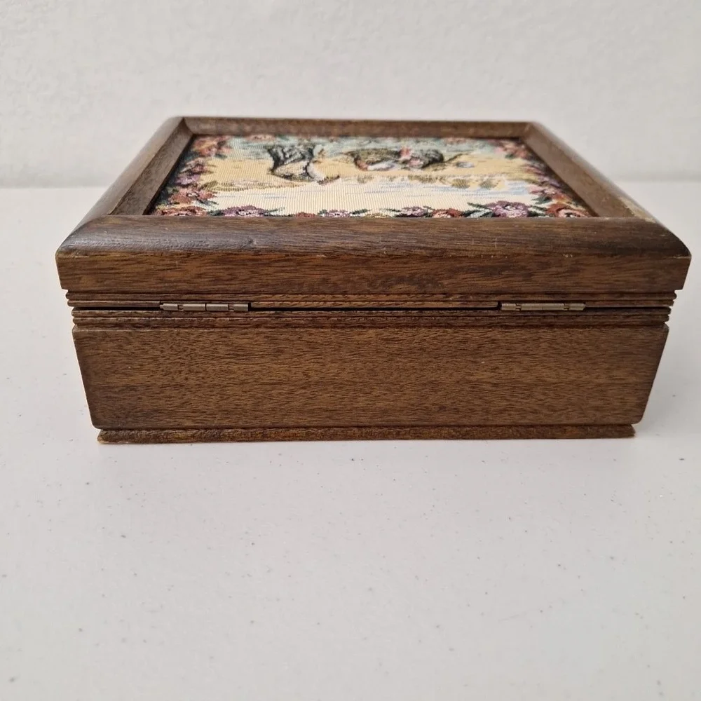 Vintage Tapestry Jewelry Box Art Floral Women Working Field Country Farmhouse